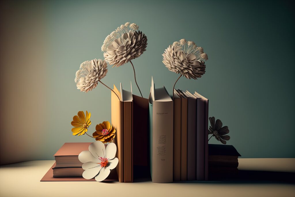 Artistic arrangement of books and flowers Generative AI